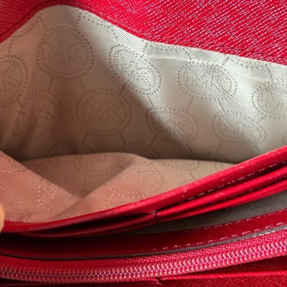 Michael Kors Logo Wallet Red Checkbook Leather Tri Fold Card Change‎ Pockets - Picture 6 of 9